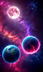 a cosmic scene with a full moon, two planets, and a swirling nebula in shades of pink, purple, and blue