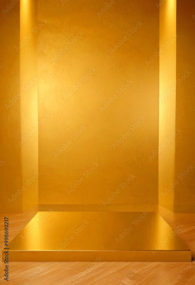 Aufkleber a golden platform stands in a room with a golden wall and wooden floor, creating a warm and inviting
