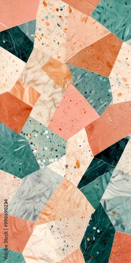 Poster a mosaic pattern composed of various shades of pink, blue, and green tiles, creating a visually appe