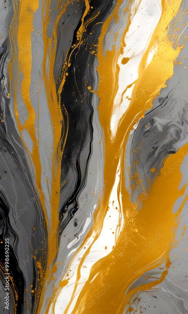 Poster a striking abstract composition of swirling lines and splashes of gold and black paint, creating a d