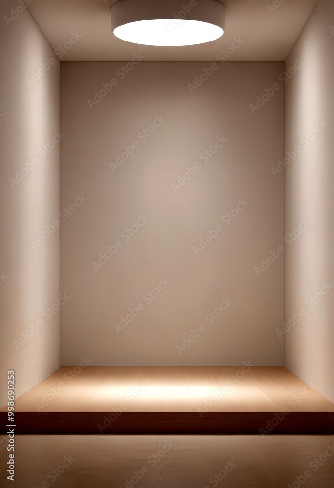 Poster An empty room with a wooden platform and a circular light fixture hanging from the ceiling