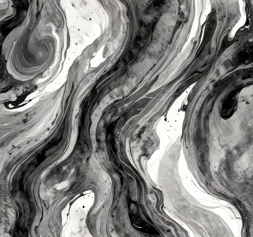 Poster a striking abstract pattern in black and white, featuring swirling, fluid lines and shapes that crea