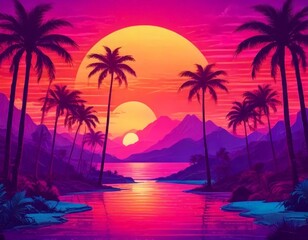 a serene tropical landscape at sunset, featuring palm trees, mountains, and a calm body of water reflecting the vibrant colors of the sky