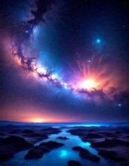 Naklejka premium The Milky Way Galaxy and a bright star are visible in the night sky over a calm body of water, with a distant horizon line