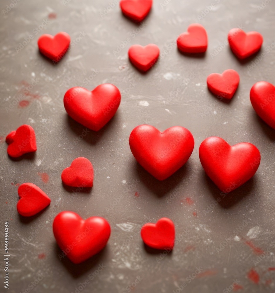 Poster a collection of red heart-shaped objects scattered on a textured gray surface