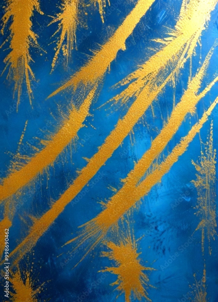 Aufkleber a close-up view textured blue surface with gold splatters and lines, creating a dynamic and abstract
