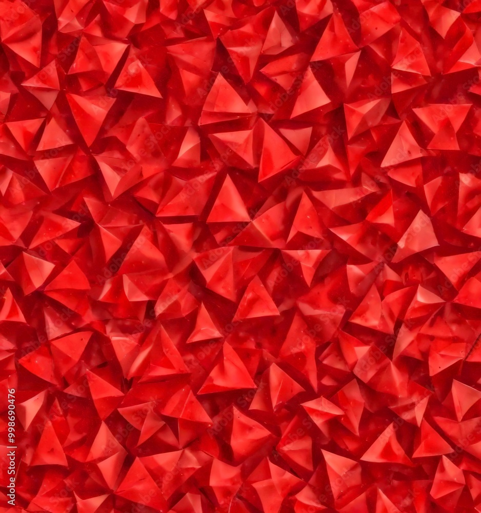 Poster a pattern of overlapping red triangles, creating a visually striking and abstract design