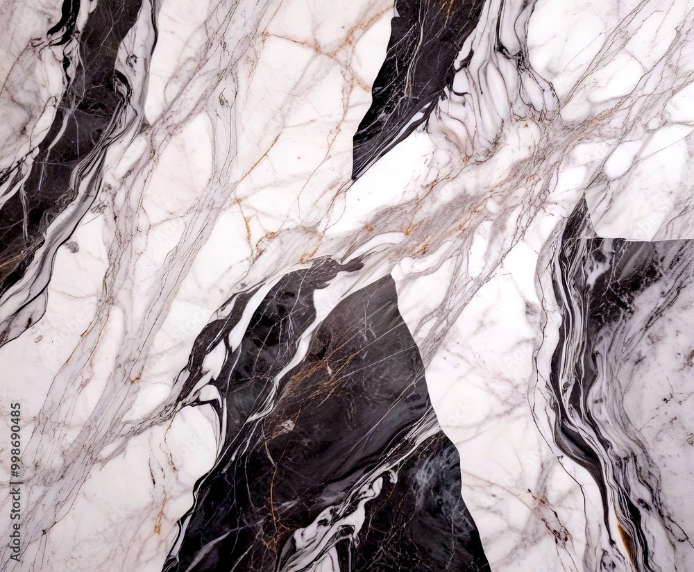 Poster a close-up view marble surface with a striking pattern of black and white swirls and lines, creating a sense of movement and texture