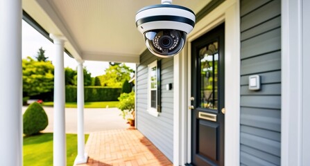 A CCTV camera mounted on a residential home’s front porch, capturing the entrance area. The camera is placed above the door, focused on the pathway and driveway