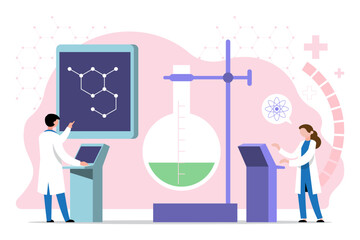 Vector illustration of scientists conducting research in a lab with digital displays, molecular structures, and scientific equipment.