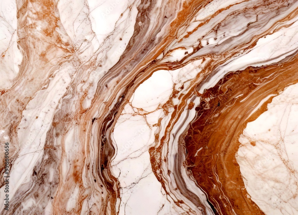 Poster a close-up view marble surface with a swirling pattern of light and dark brown hues, creating a sens