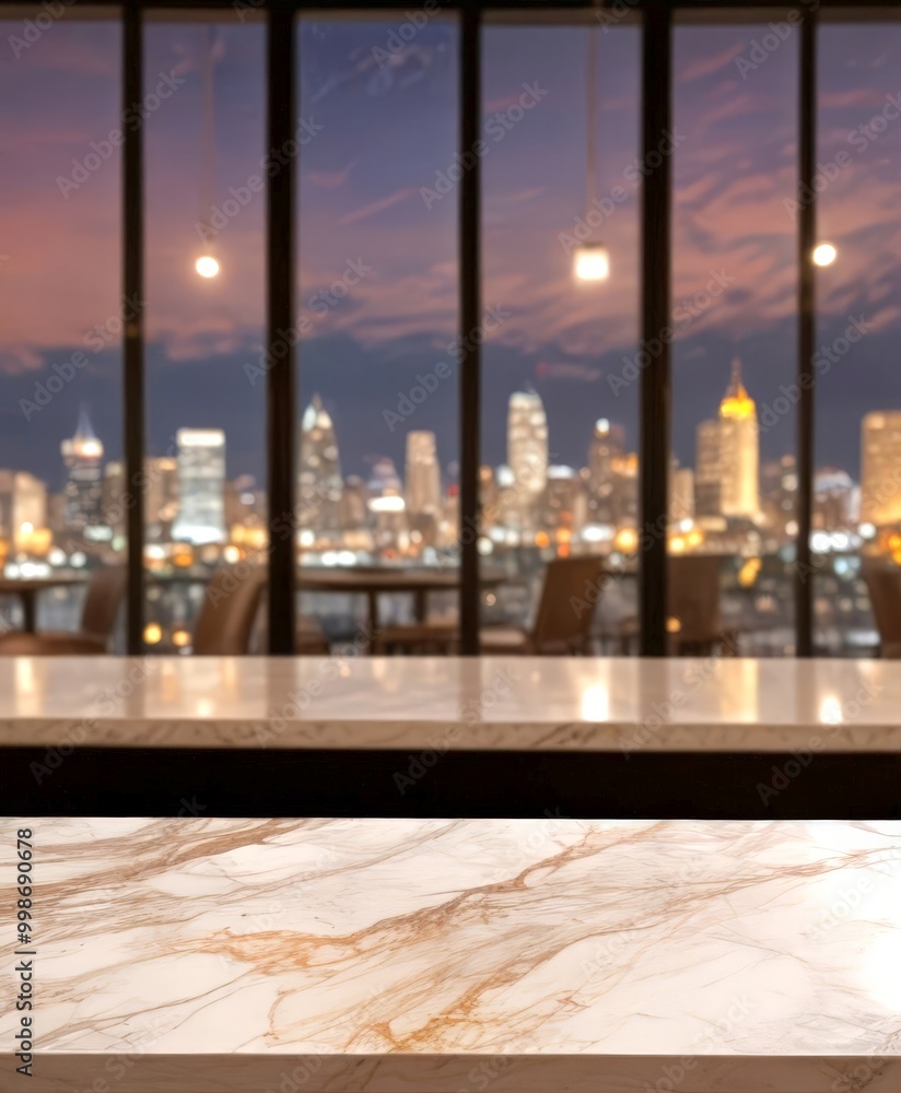Poster a marble countertop in the foreground, with a blurred cityscape visible through a window in the back