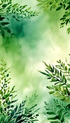 A watercolor painting lush, verdant background with green leaves and branches, creating a serene and natural atmosphere