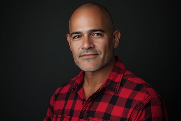 Obraz premium Stocky Latino man with a shaved head and a red plaid shirt. Editorial style. 