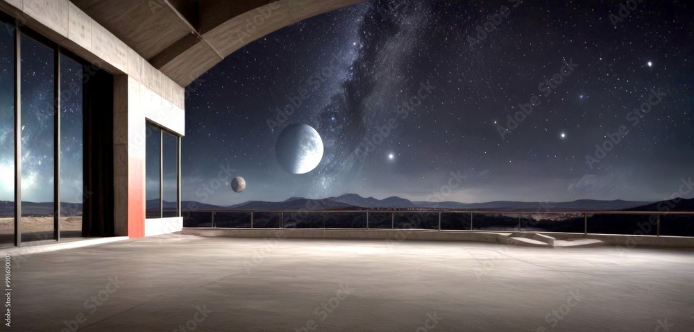 Poster a serene night scene with a large, bright moon in the sky, two smaller moons orbiting it, and a star