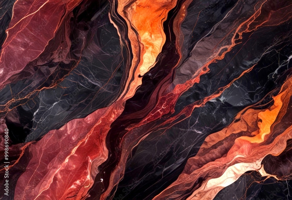 Poster a close-up view marble surface with a striking pattern of swirling lines and colors, including shade