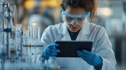 A focused scientist in a lab coat uses a tablet while conducting research in a modern laboratory filled with glassware.