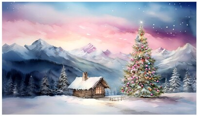 Fototapeta premium Berglandschaft winterlich mit der Hütte und geschmücktem Baum