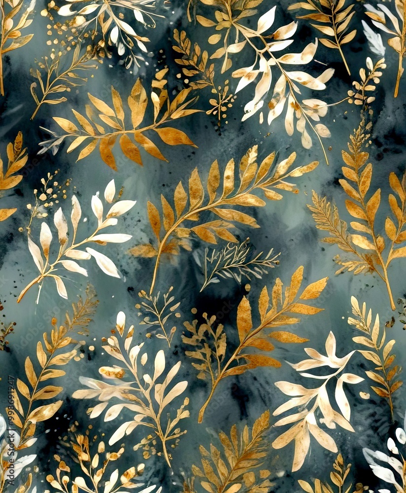 Poster a repeating pattern of gold and white leaves and branches against a dark blue background