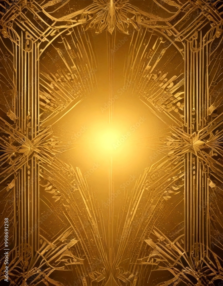 Poster an intricate, golden-colored abstract pattern with a central bright light shining through, surrounde