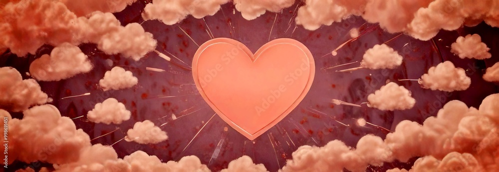 Aufkleber a pink heart-shaped object is centered against a backdrop of fluffy white clouds, with rays of light
