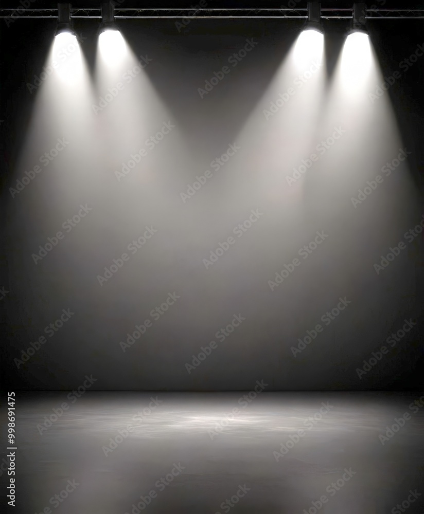 Poster a dark, empty stage with three spotlights shining down on it, creating a dramatic and atmospheric li