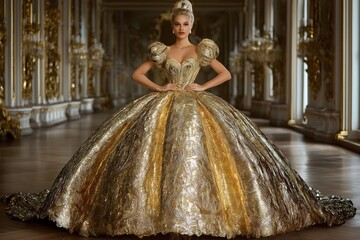 Woman in an elegant gold dress standing in an opulent rococo baroque golden corridor chateau mansion hallway.
