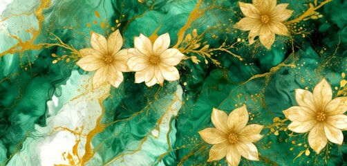 a vibrant abstract floral pattern with gold flowers and green swirls, creating a visually striking and dynamic composition