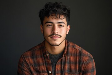 Fototapeta premium Young Latino man with short wavy hair and a flannel shirt