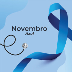 Novembro Azul Campaign Banner with Ribbon on Blue Fabric Background. Blue November