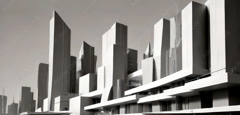 Poster a monochrome futuristic cityscape, featuring tall, angular buildings with a grid-like pattern and a 