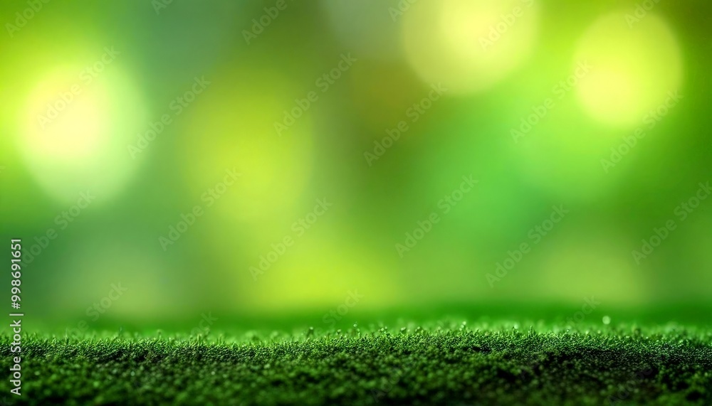 Poster A close-up grassy surface with water droplets, set against a blurred green background with bokeh effect