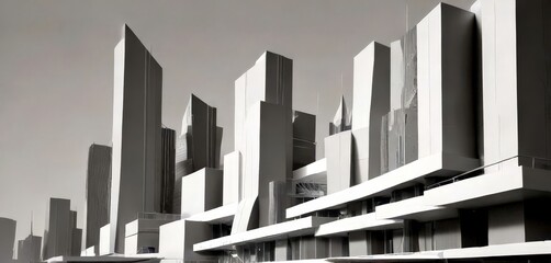 A monochrome futuristic cityscape, featuring tall, angular buildings with a grid-like pattern and a central tower