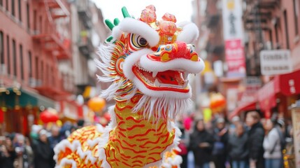Fototapeta premium Chinese new year dragon dance performance in vibrant urban setting