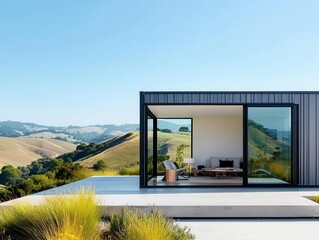 Fototapeta premium Minimalist container work room exterior with concrete finish, glass door, and tranquil garden setting