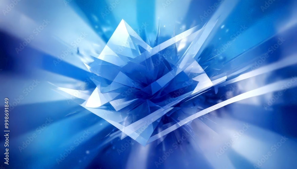 Poster a complex, abstract composition of blue and white geometric shapes, creating a sense of depth and mo