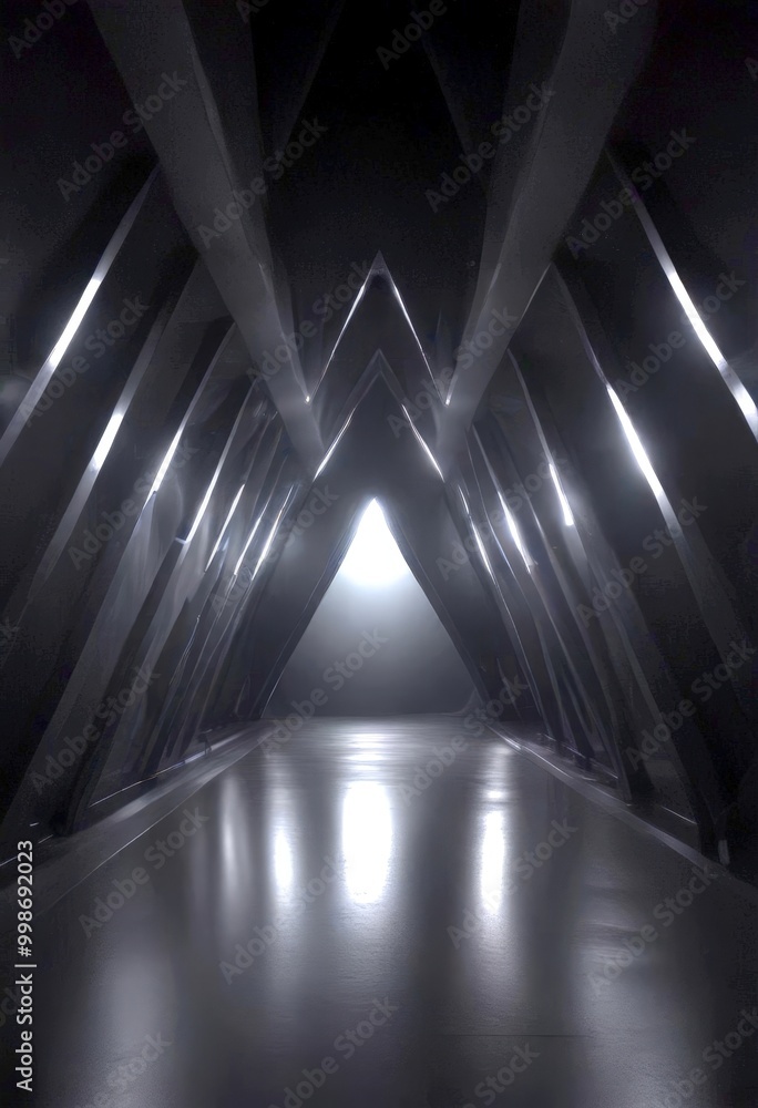 Leinwandbilder A dimly lit, long corridor with a series of triangular light fixtures arranged in a geometric pattern, creating a sense of depth and perspective