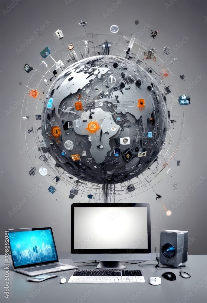 Aufkleber a digital representation of the earth, with various icons and symbols scattered across its surface, 