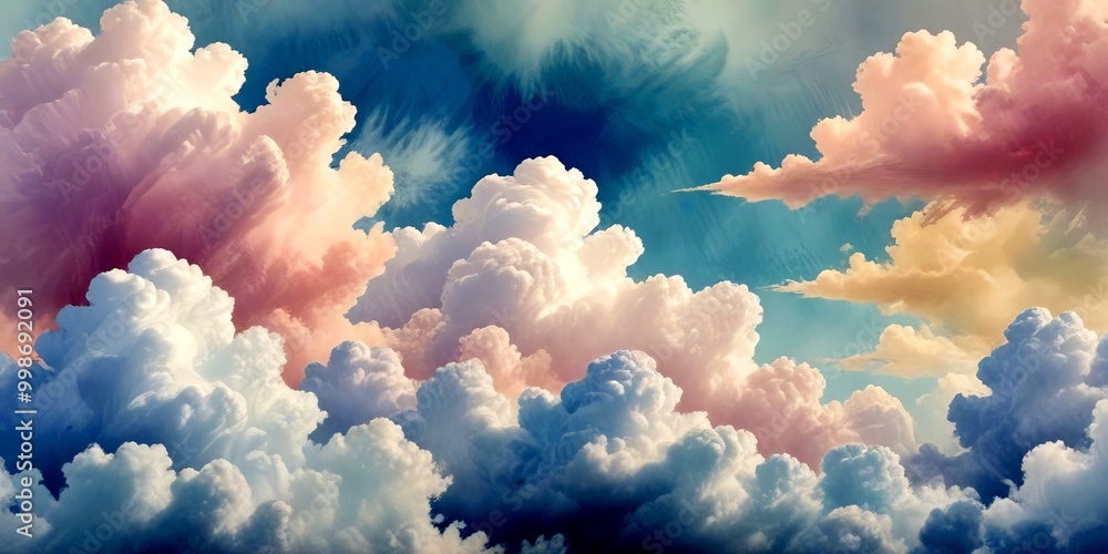 Poster a serene sky filled with fluffy white and pink clouds, creating a dreamy and ethereal atmosphere
