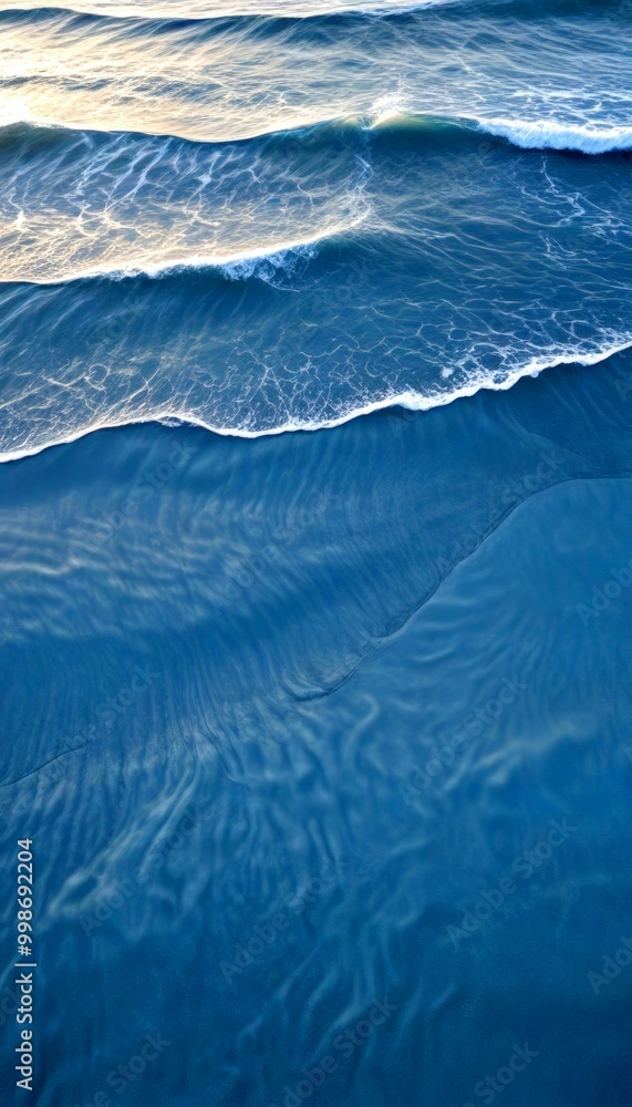 Poster aerial view of ocean waves gently lapping against the shore, with a warm, golden glow from the setti