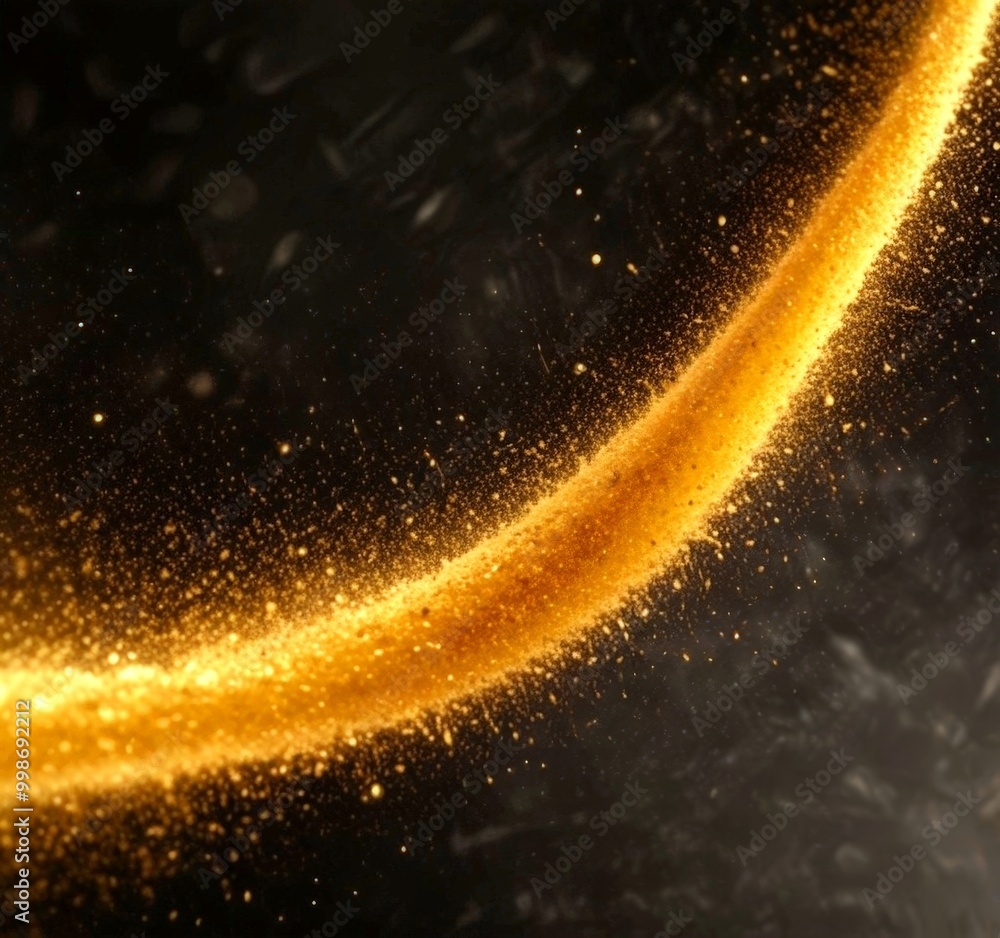 Poster a dynamic scene of golden particles or specks, appearing to be in motion, against a dark background The particles are scattered and overlapping, creating a sense of depth