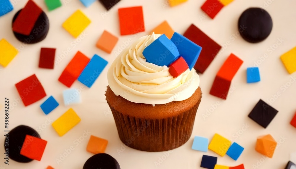 Poster a cupcake with white frosting and colorful fondant decorations sits on a white background, surrounde