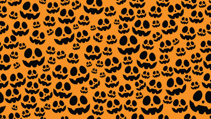 Halloween Pumpkin Face Seamless Pattern on Orange Background.