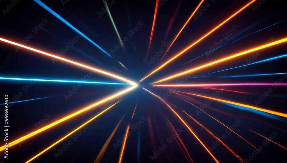 Poster a vibrant abstract composition of intersecting lines and beams of light, creating a sense of depth and movement The lines, varying in color from orange to blue, radiate
