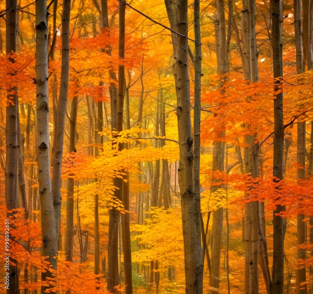 Poster a dense forest with tall trees displaying a vibrant mix of orange and yellow autumn leaves