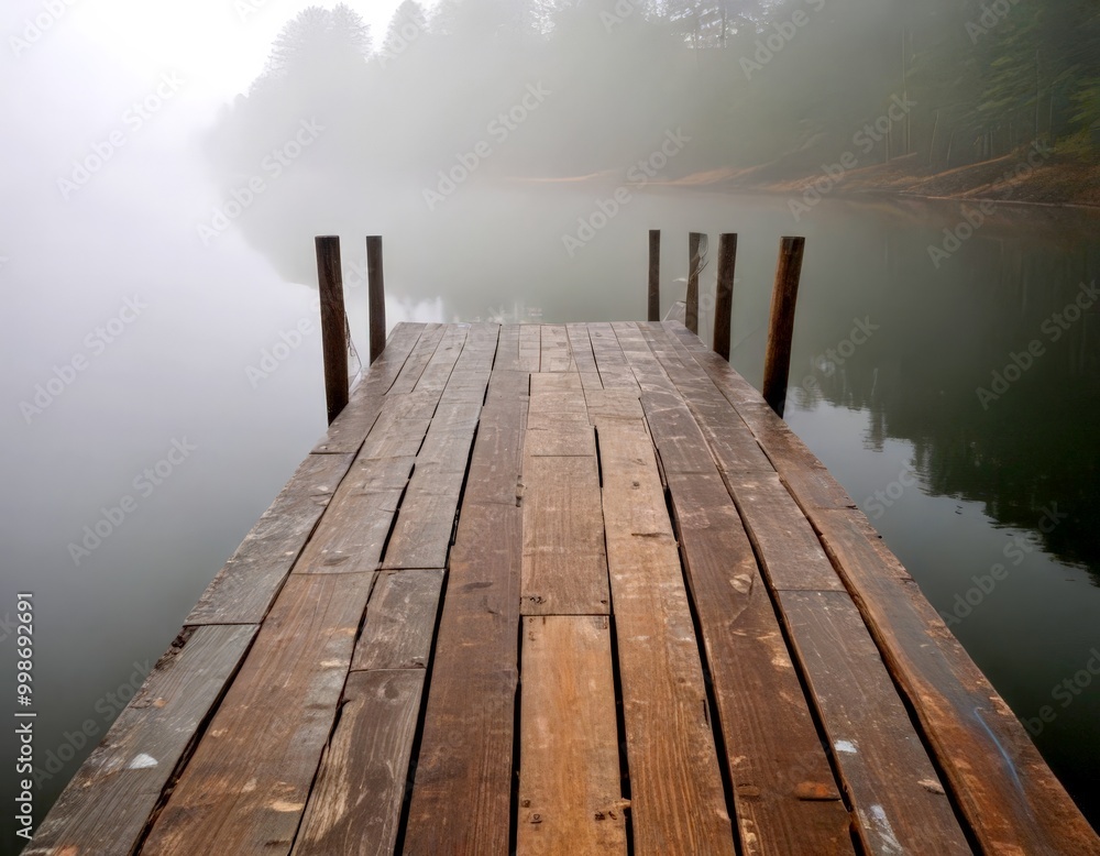 Poster a wooden dock extends into a foggy lake, surrounded by trees and shrouded in mist
