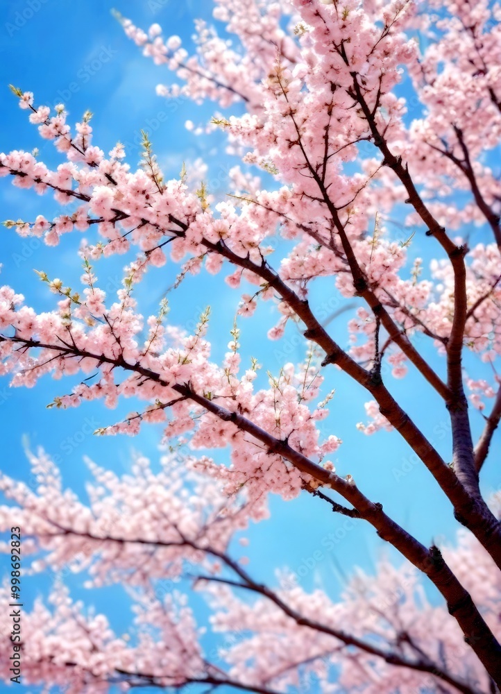 Poster a close-up view of cherry blossoms in full bloom against a clear blue sky, with the branches and flo