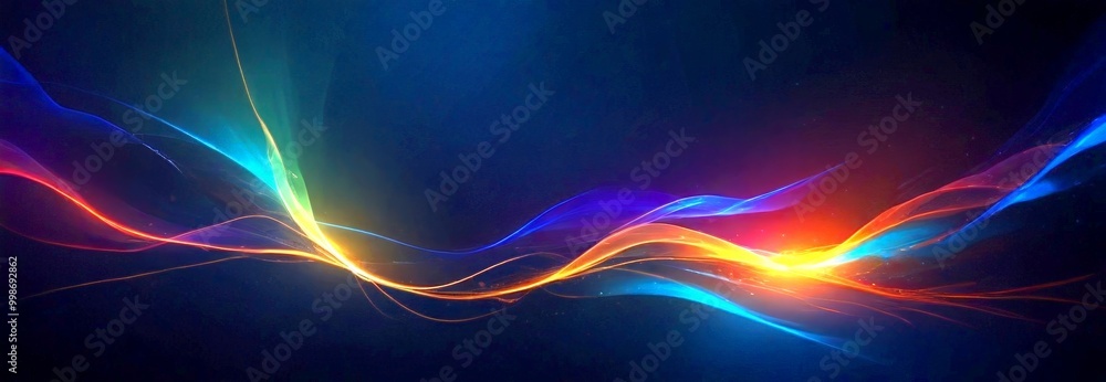 Poster a dynamic abstract composition of colorful, flowing lines and shapes against a dark background, creating a sense of movement and energy