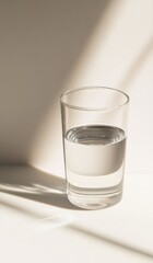 an unbranded glass filled with water, positioned on the right side of a table against a plain wall.