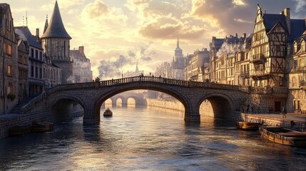 Obraz premium A grand stone bridge, crossing a wide river in a European city, with historical buildings lining the riverbank